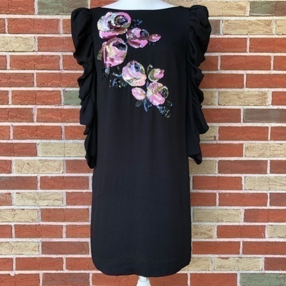 kate spade Sequined Rose NWOT Ruched Black Pink 3/4 Sleeve Dress 👗